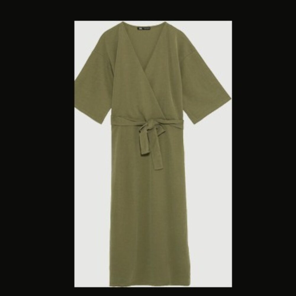 NWT - Zara - Green V-Neck Tie Midi Dress - Size Small